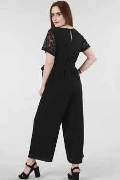 Jumpsuits^Double Second Lace Wrap Wide Leg Jumpsuit Black