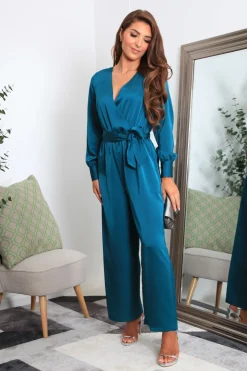 Jumpsuits^Double Second Lux Satin Wrap Jumpsuit Teal