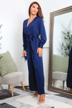 Jumpsuits^Double Second Lux Satin Wrap Jumpsuit Navy