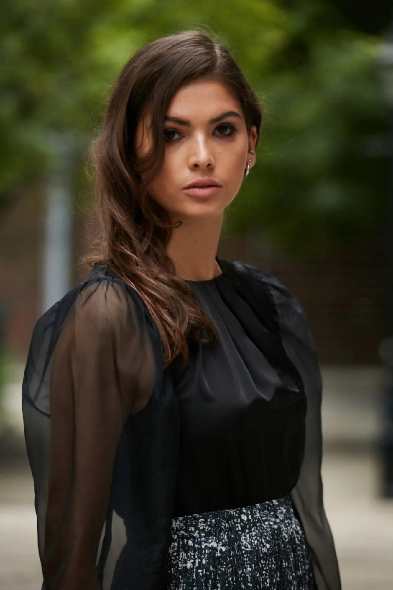 Blouses^Double Second Organza Puff Sleeve Satin Top Black