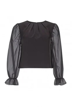 Blouses^Double Second Organza Puff Sleeve Satin Top Black