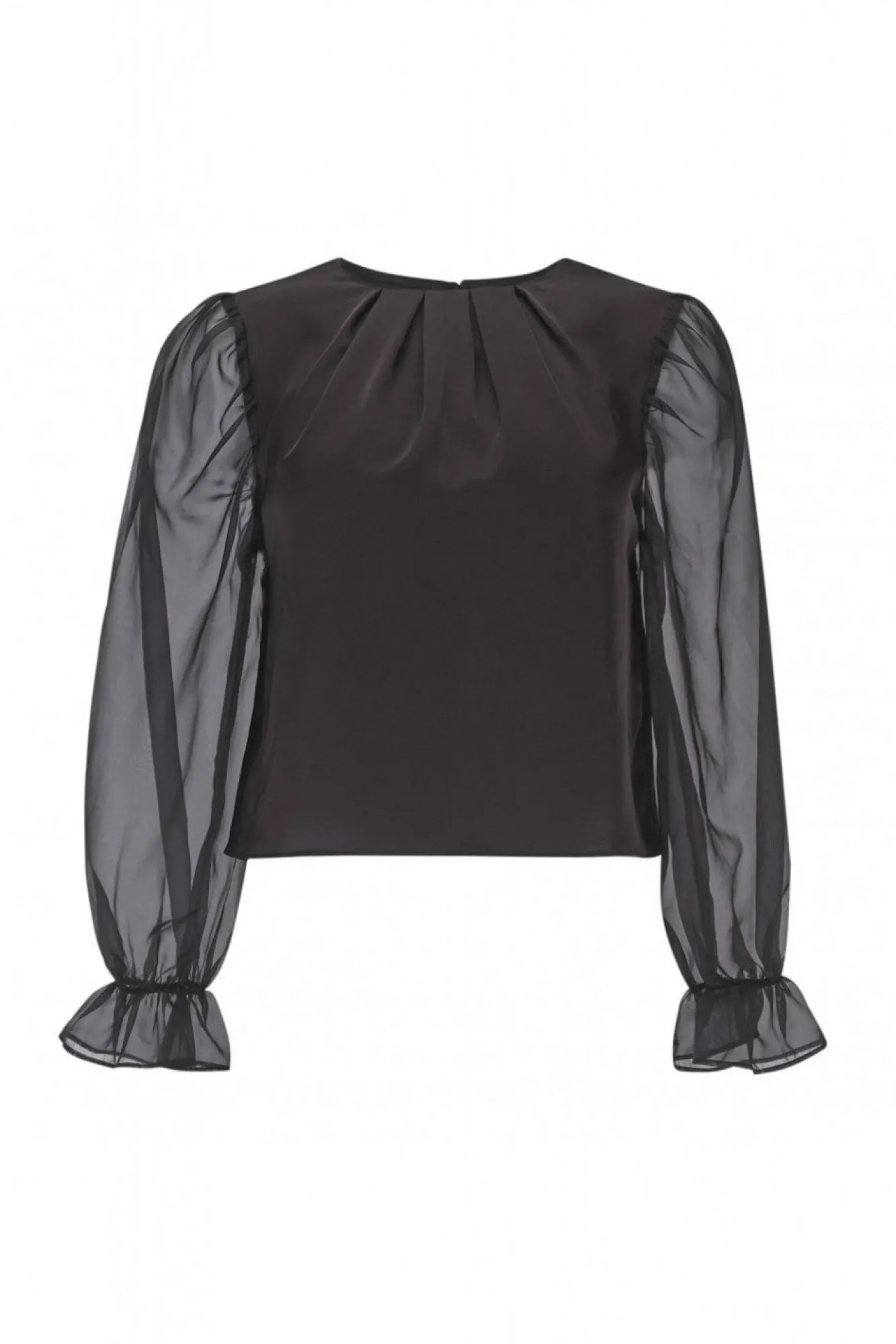 Blouses^Double Second Organza Puff Sleeve Satin Top Black