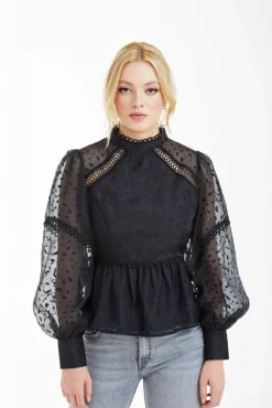 Blouses^Double Second Polka Dot Organza Puff Sleeve Top Black