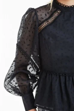 Blouses^Double Second Polka Dot Organza Puff Sleeve Top Black