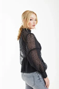 Blouses^Double Second Polka Dot Organza Puff Sleeve Top Black