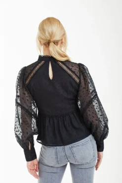 Blouses^Double Second Polka Dot Organza Puff Sleeve Top Black