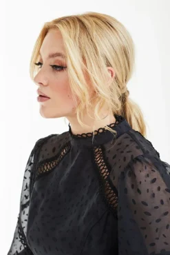 Blouses^Double Second Polka Dot Organza Puff Sleeve Top Black