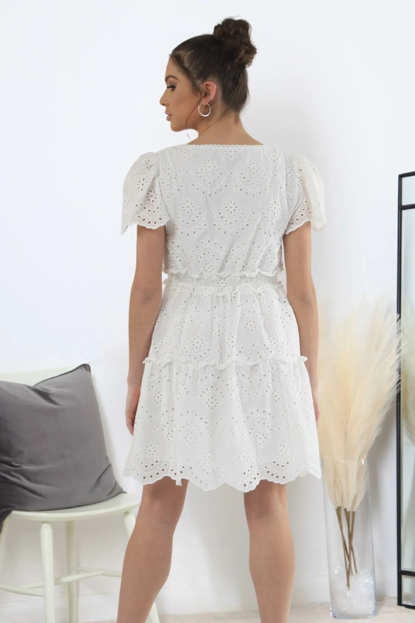 Mini Dresses^Double Second Puff Sleeve Broderie Dress White