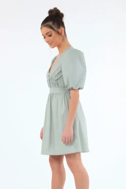 Mini Dresses^Double Second Sage Volume Sleeve Ruched Dress Green