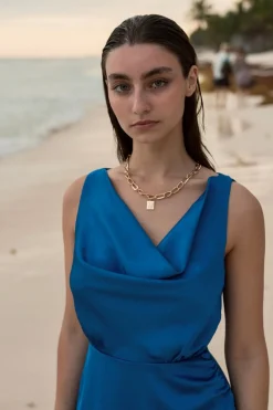 Mini Dresses^Double Second Satin Cowl Neck Wrap Dress Blue