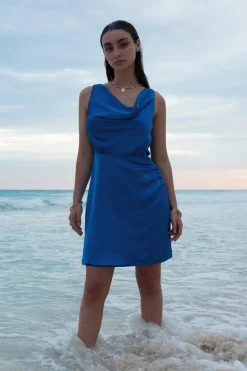 Mini Dresses^Double Second Satin Cowl Neck Wrap Dress Blue