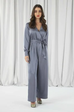 Jumpsuits^Double Second Silver/Blue Lux Satin Wrap Jumpsuit Silverblue