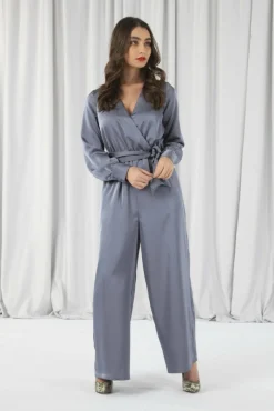 Jumpsuits^Double Second Silver/Blue Lux Satin Wrap Jumpsuit Silverblue