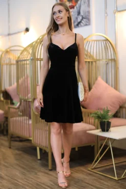 Mini Dresses^Double Second Sweetheart Neck Velvet Skater Dress Black