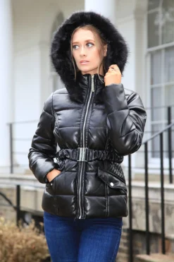Outerwear^Double Second Vegan Leather Short Puffer Black