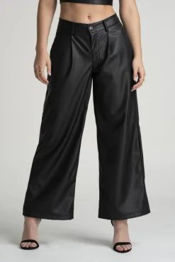 Trousers^Double Second Vegan Leather Wide Leg Trousers Black