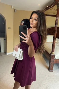 Mini Dresses^Double Second Wine Ruched Puff Sleeve Dress Red