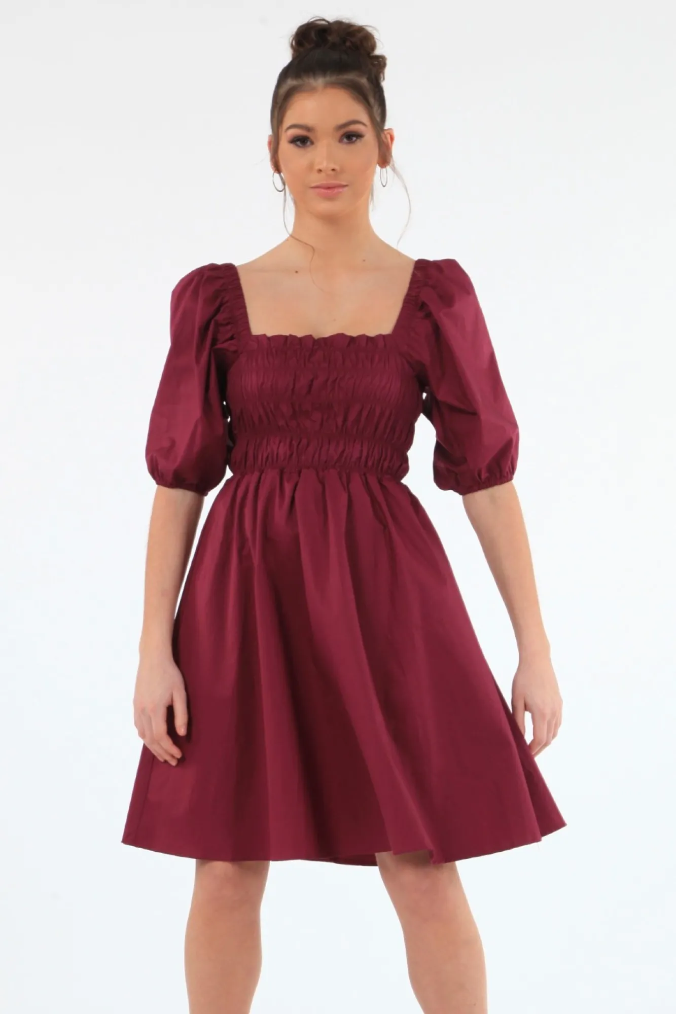 Mini Dresses^Double Second Wine Ruched Puff Sleeve Dress Red