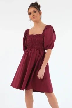 Mini Dresses^Double Second Wine Ruched Puff Sleeve Dress Red
