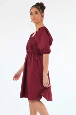 Mini Dresses^Double Second Wine Ruched Puff Sleeve Dress Red