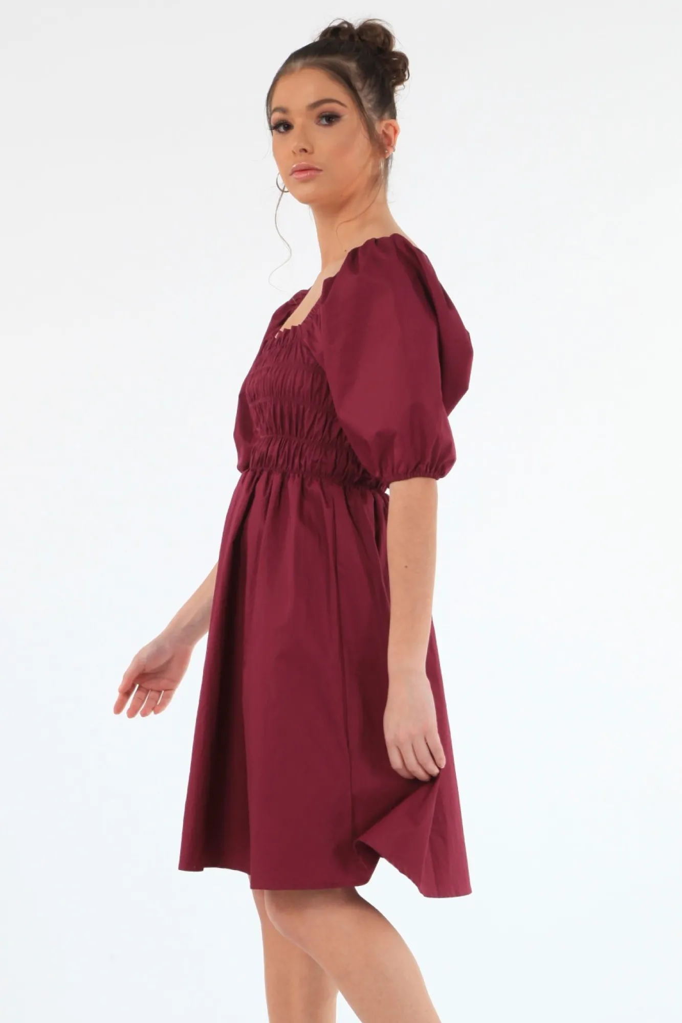 Mini Dresses^Double Second Wine Ruched Puff Sleeve Dress Red