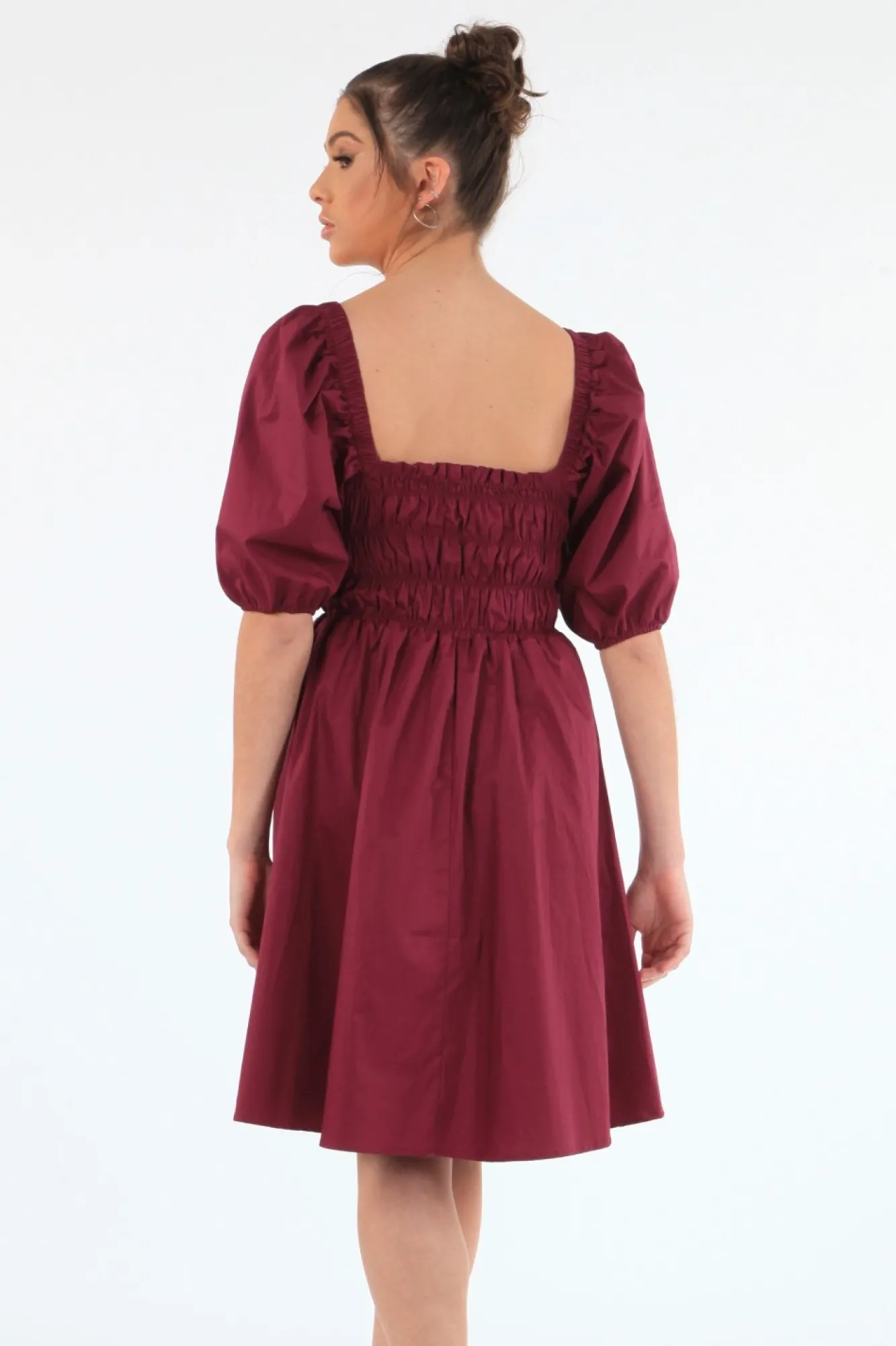 Mini Dresses^Double Second Wine Ruched Puff Sleeve Dress Red