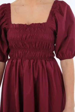 Mini Dresses^Double Second Wine Ruched Puff Sleeve Dress Red