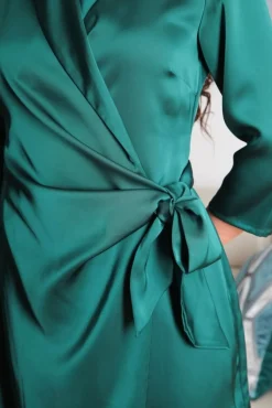 Mini Dresses^Double Second Wrap Belted Satin Dress Green