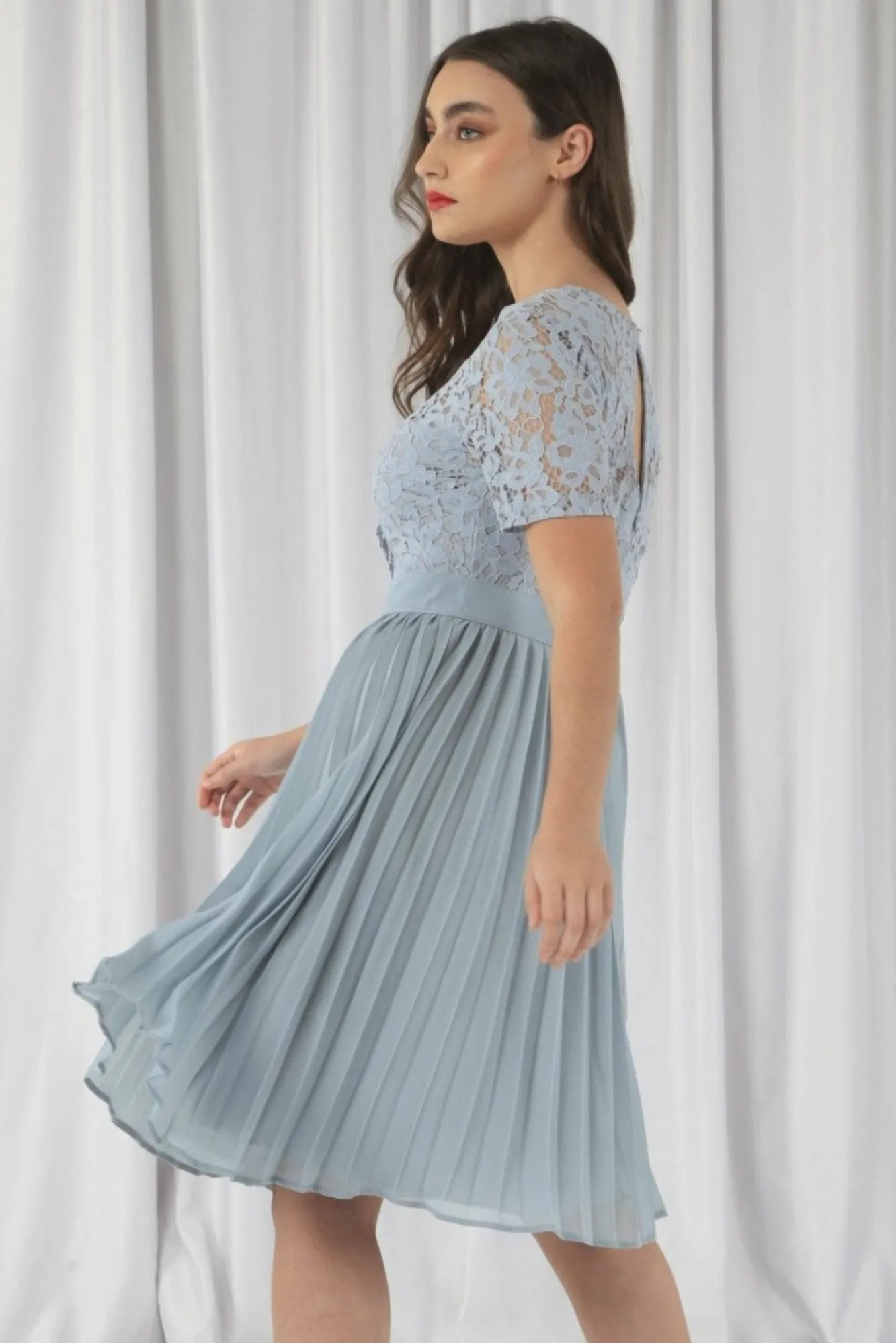 Mini Dresses^Double Second Wrap Lace Pleated Dress Paleblue