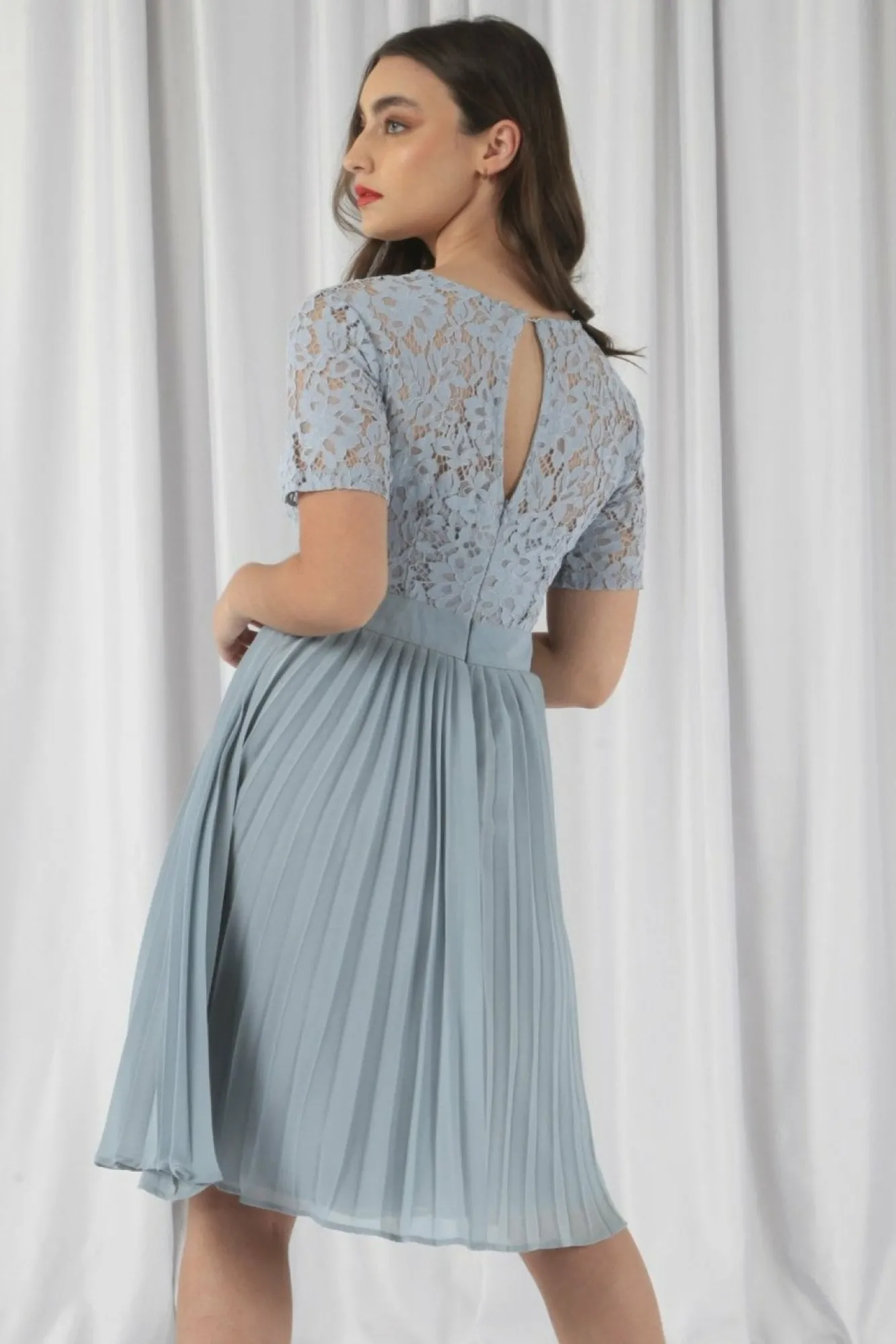 Mini Dresses^Double Second Wrap Lace Pleated Dress Paleblue