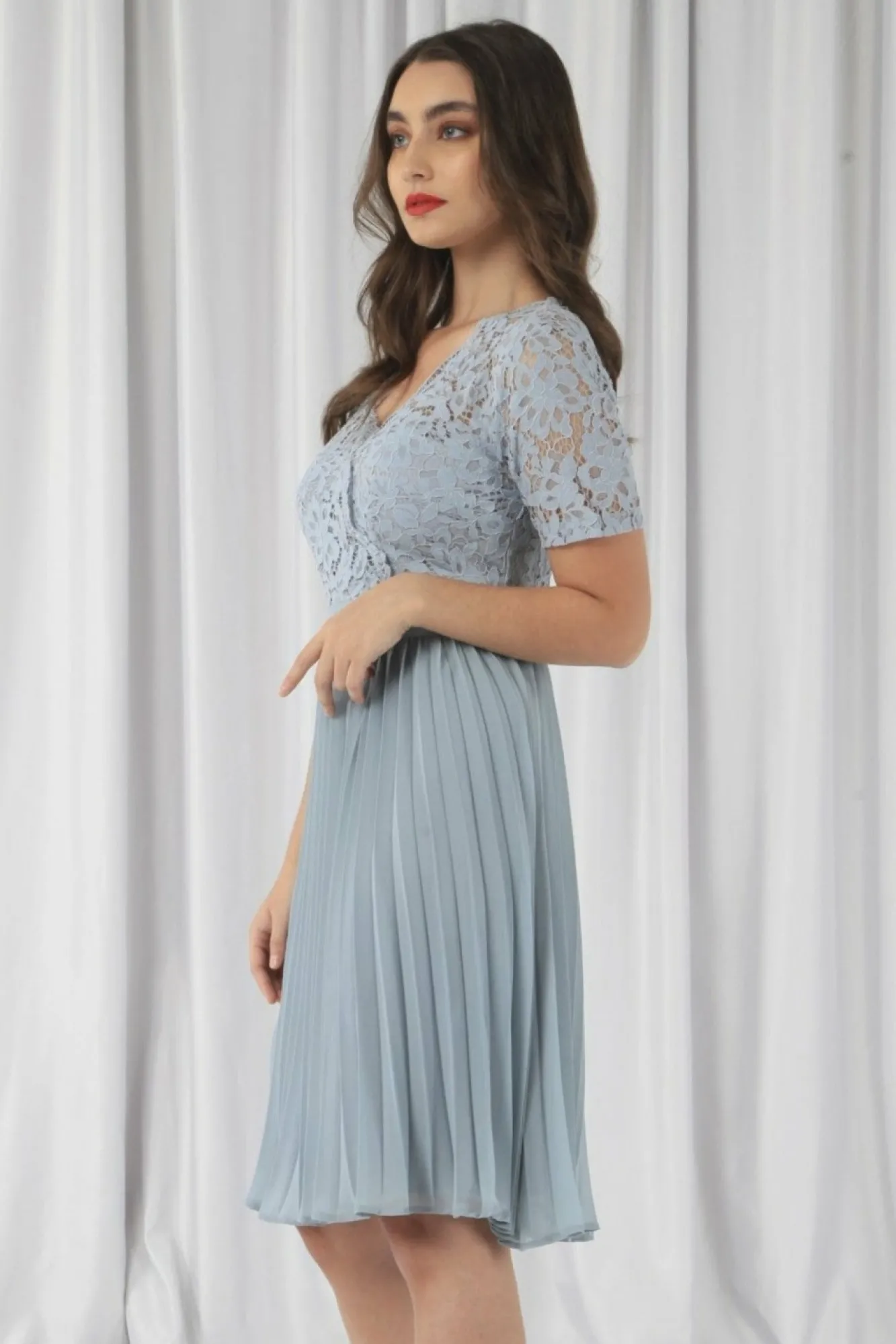 Mini Dresses^Double Second Wrap Lace Pleated Dress Paleblue