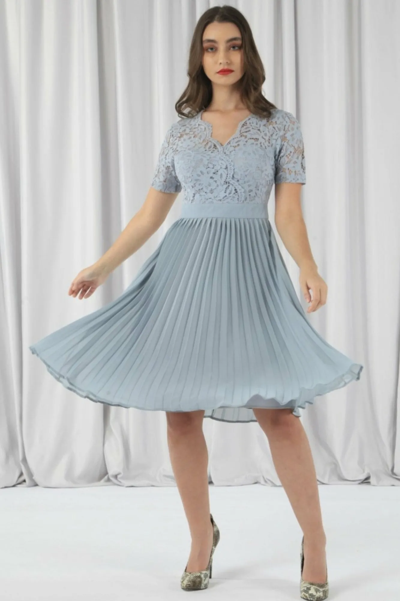Mini Dresses^Double Second Wrap Lace Pleated Dress Paleblue