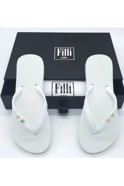 Sandals^Filli London Aurora Crystal Duo Luxury Flip Flops White