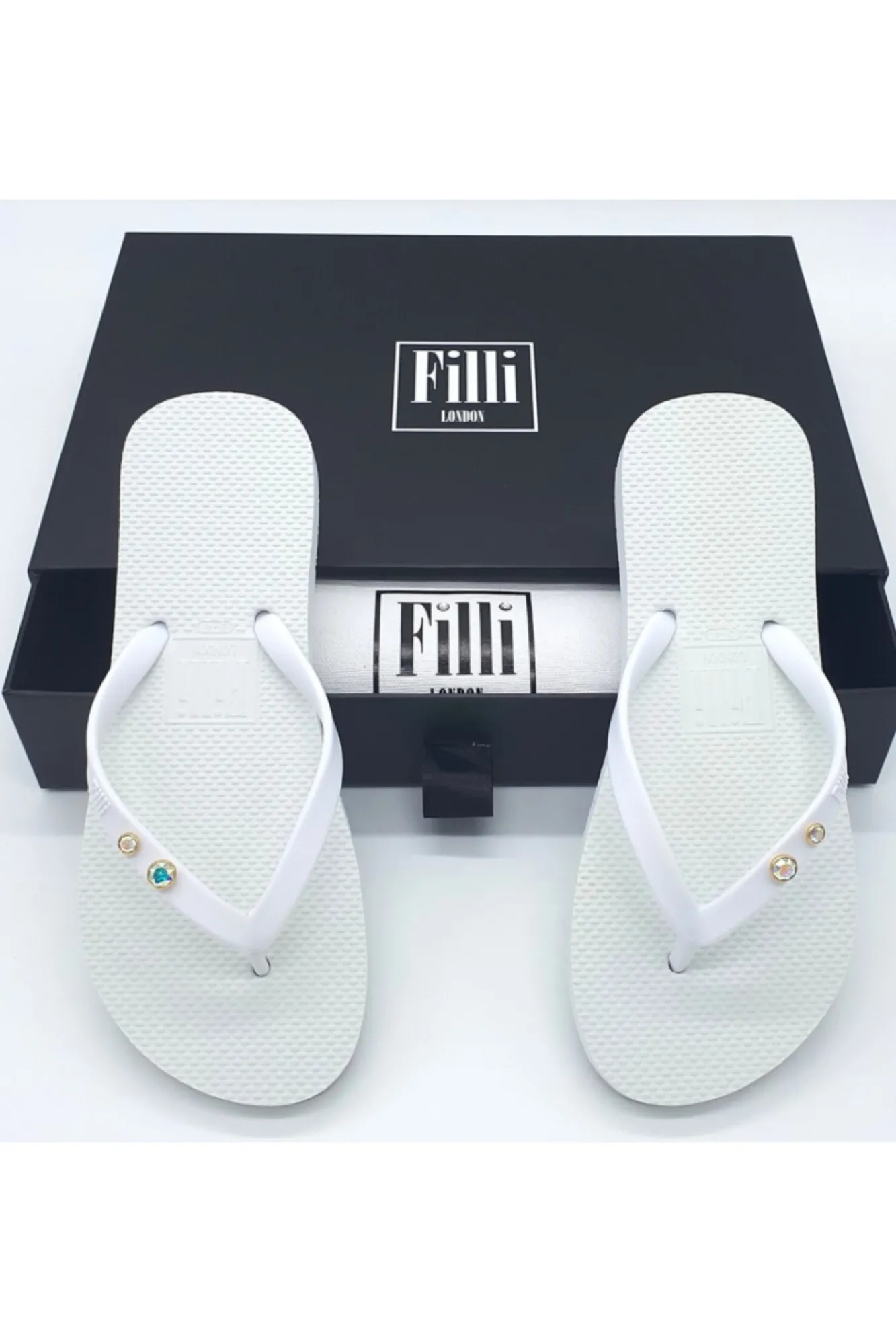 Sandals^Filli London Aurora Crystal Duo Luxury Flip Flops White