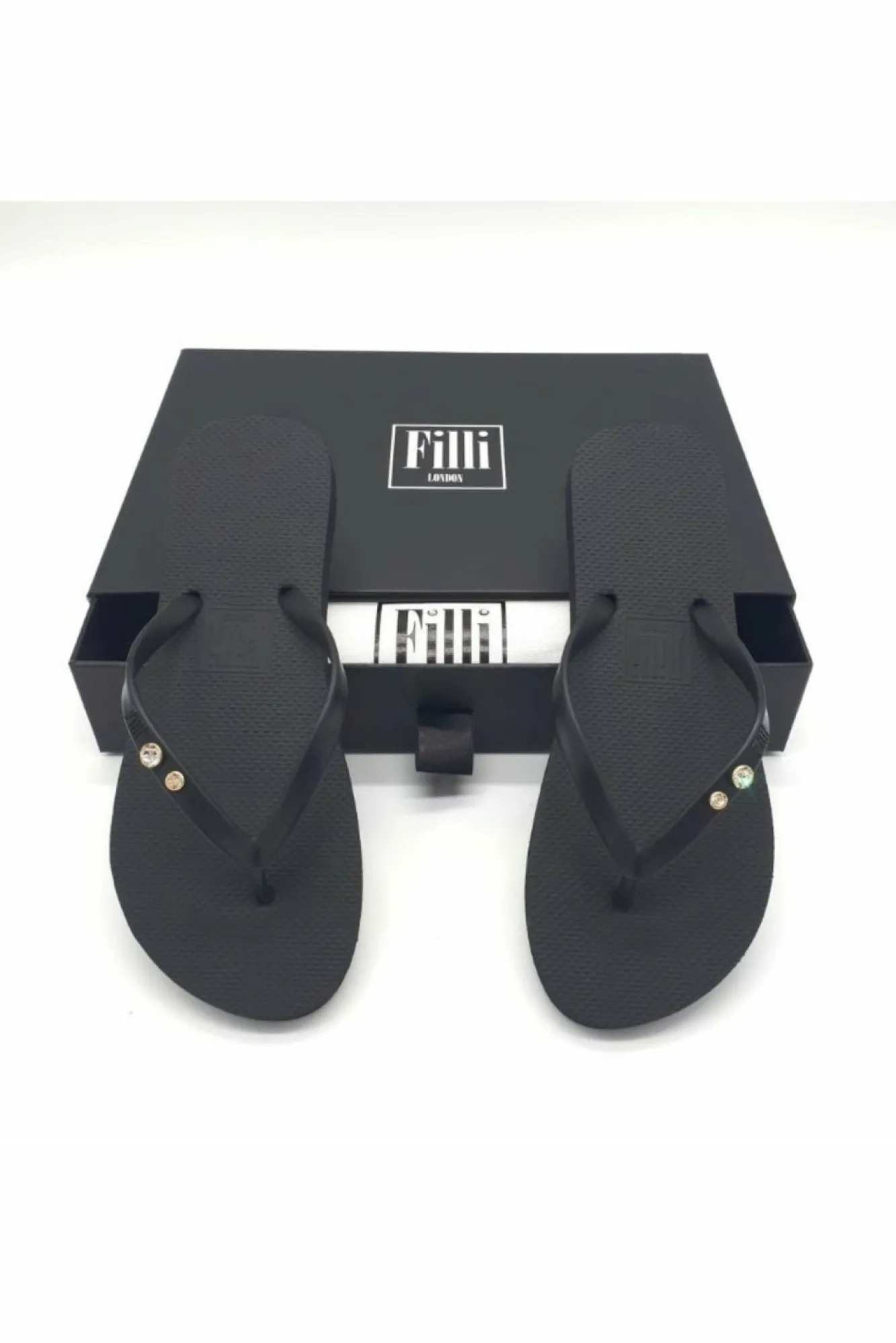Sandals^Filli London Crystal Diamond Luxury Flip Flops Black
