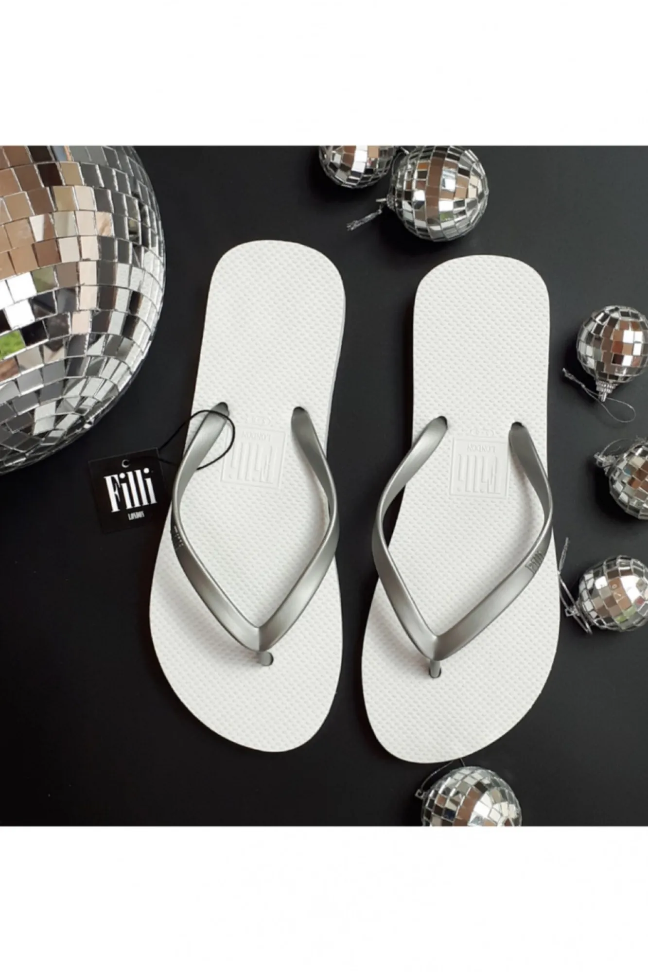 Sandals^Filli London Naked Flip Flops - Silver On White