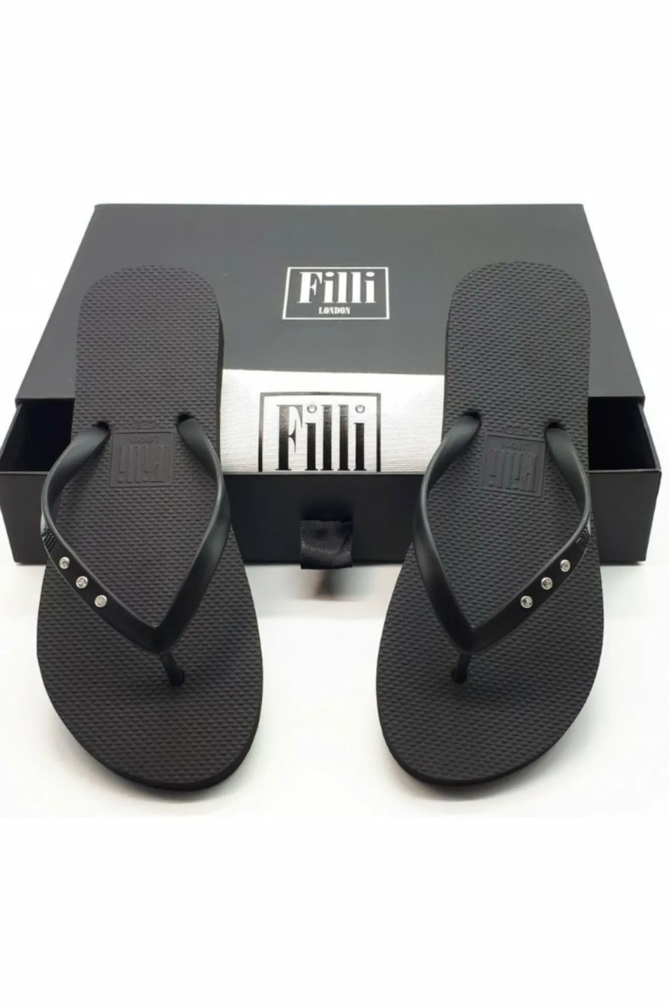 Sandals^Filli London St Tropez Crystal Flip Flops Black