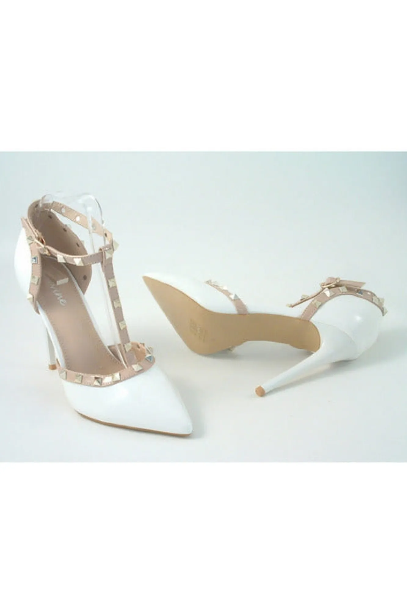 High Heels^Glitz Shoes Cassidy Studded T Bar Court Shoe White