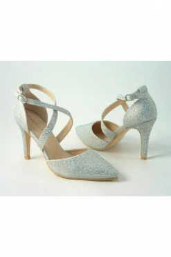 High Heels^Glitz Shoes Clora Sabatine Diamante Strapped Court Shoe Silver