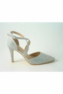 High Heels^Glitz Shoes Clora Sabatine Diamante Strapped Court Shoe Silver