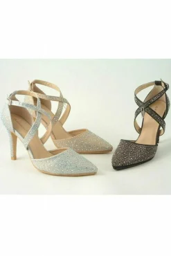 High Heels^Glitz Shoes Clora Sabatine Diamante Strapped Court Shoe Silver