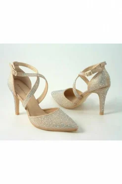 High Heels^Glitz Shoes Clora Sabatine Diamante Strapped Court Shoe Gold