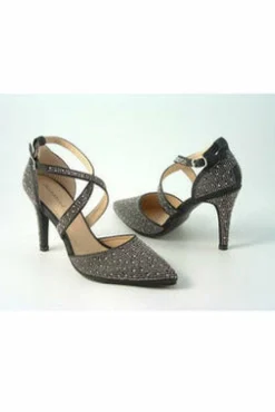 High Heels^Glitz Shoes Clora Sabatine Diamante Strapped Court Shoe Black