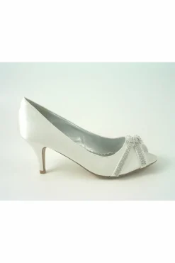 Mid Heels^Glitz Shoes Diamante Metallic Peep Toe Court Shoe Ivory