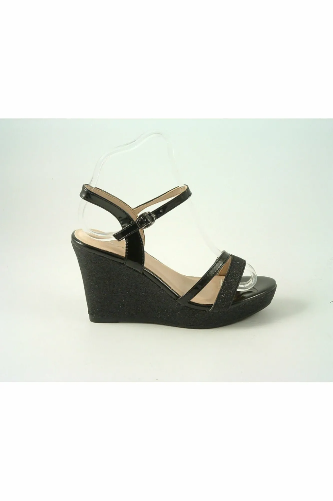 Sandals^Glitz Shoes Divine High Heel Glitter Wedge Sandal Black