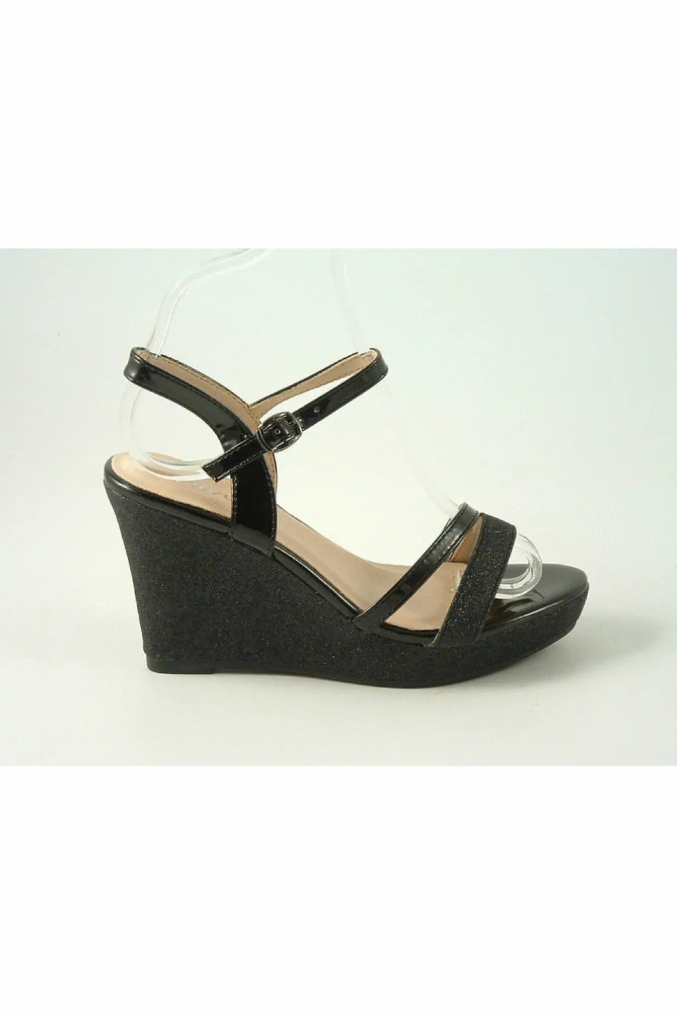 Sandals^Glitz Shoes Divine High Heel Glitter Wedge Sandal Black