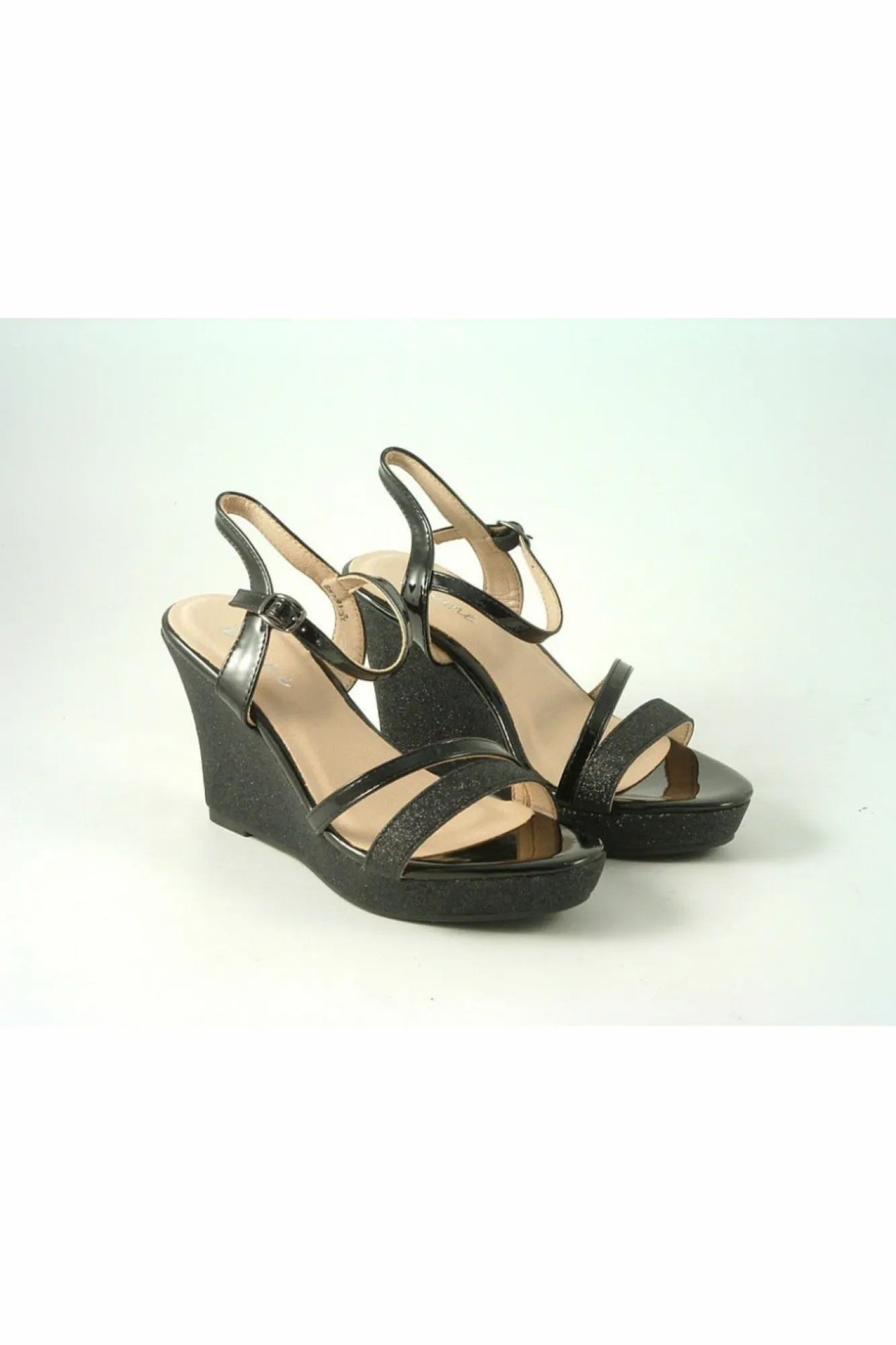 Sandals^Glitz Shoes Divine High Heel Glitter Wedge Sandal Black