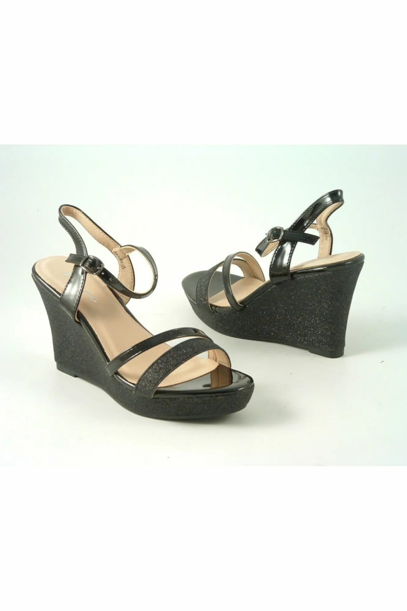 Sandals^Glitz Shoes Divine High Heel Glitter Wedge Sandal Black