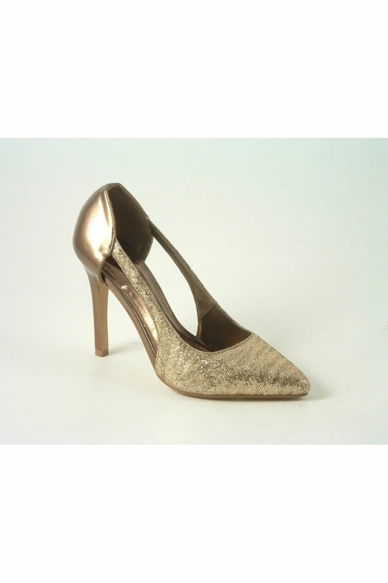 High Heels^Glitz Shoes Glimmer Glamour N Glitz Metallic Open Side Shoe Bronze