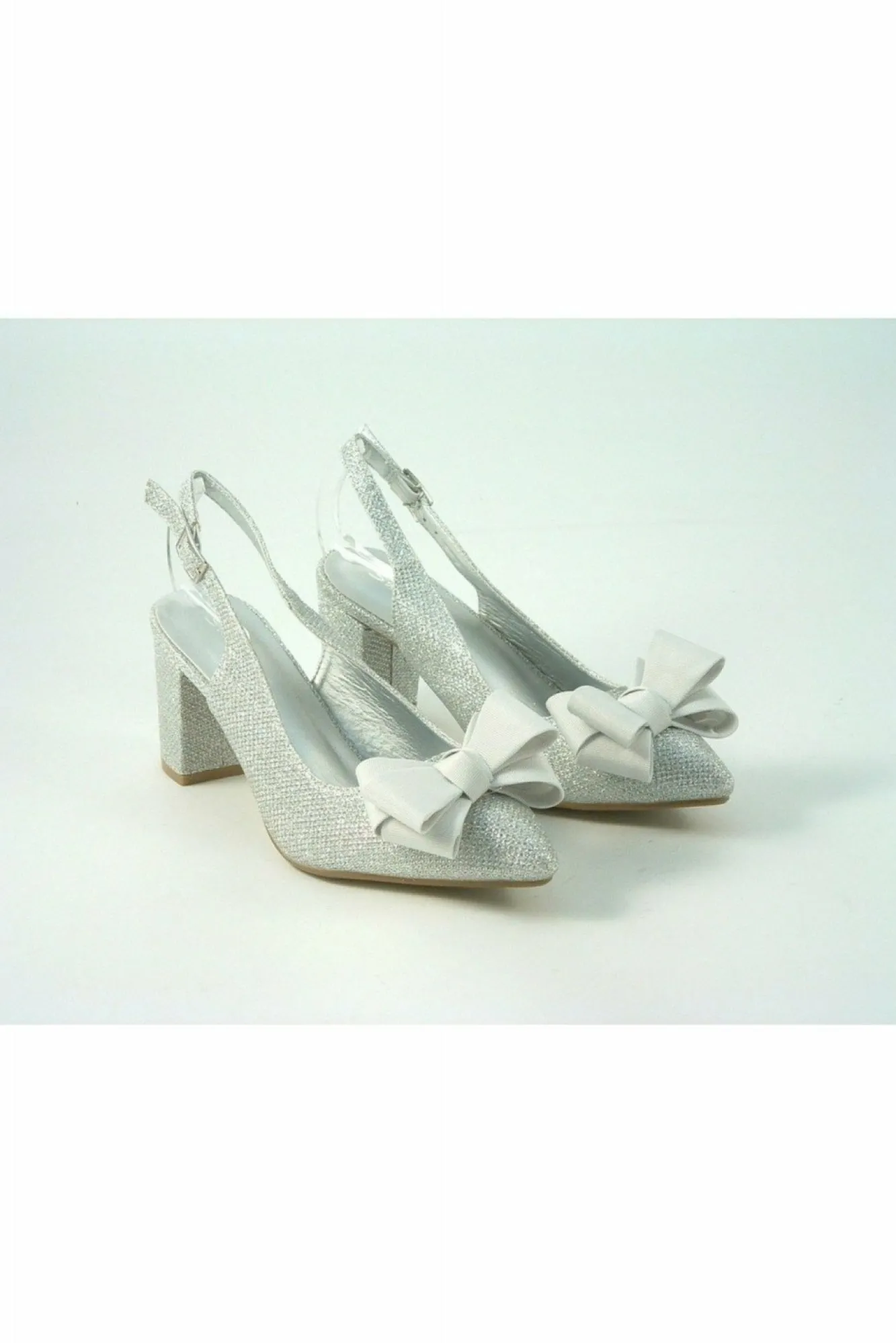 Mid Heels^Glitz Shoes Glitter Bowed Sling Back Court Shoe Silver
